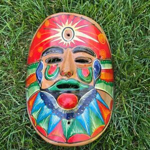 Vintage Mexican Terracotta Clay Colorful Hand Painted Mask Wall Art